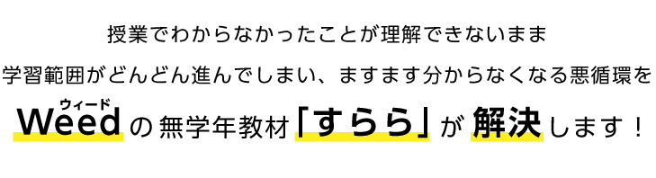授業でわからなかったことが理解できないまま 学習範囲がどんどん進んでしまい、ますます分からなくなる悪循環をWeed<ウィード>の無学年教材が解決します!